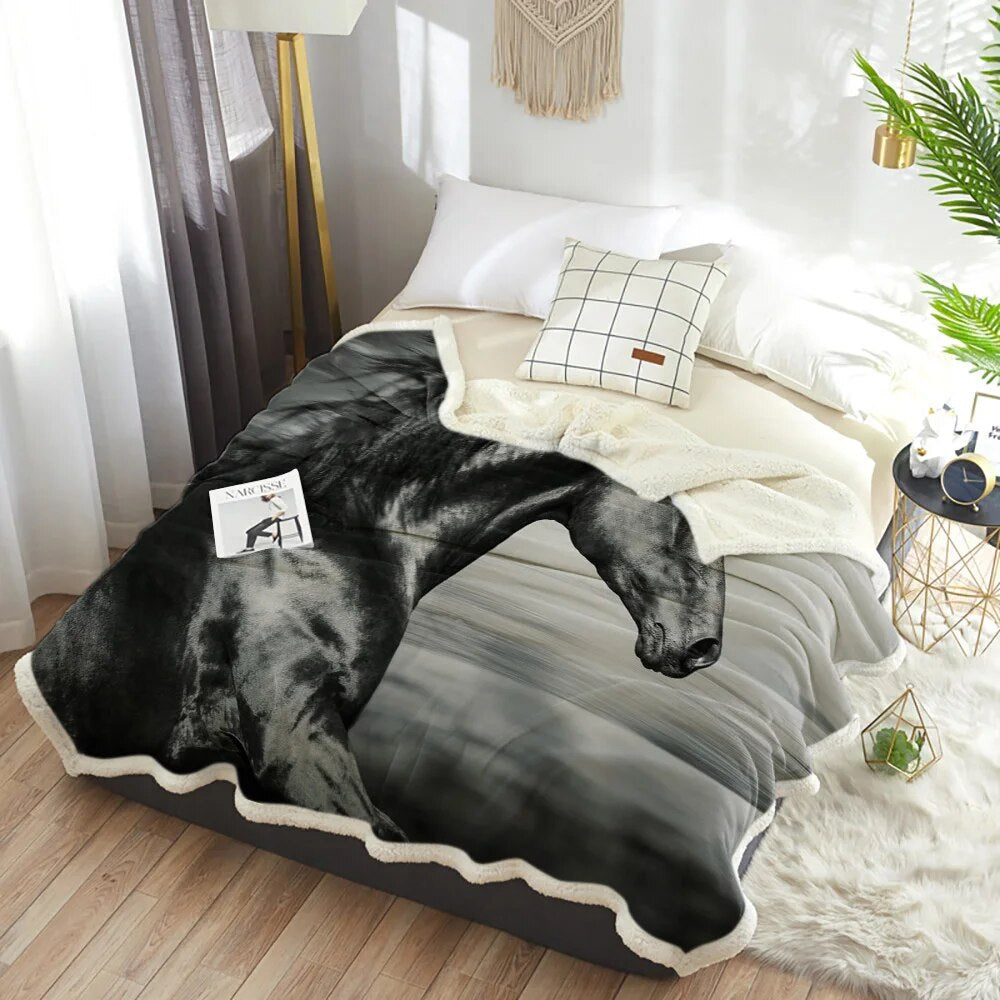 Horse Print in Black and White Comfy Cuddly Warm, Elegant Plush Blanket