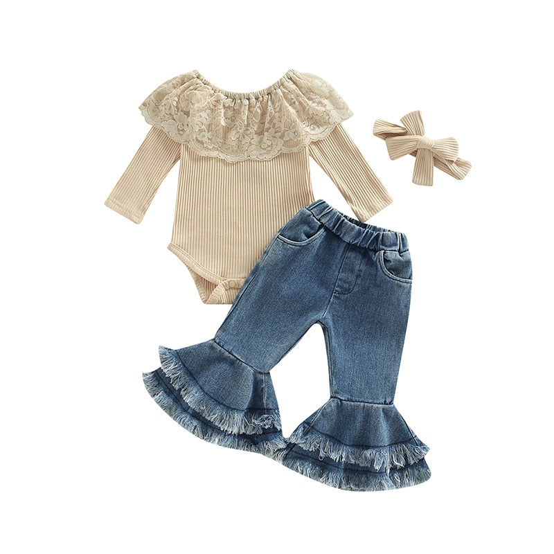 Cream-colored Lace Ruffle Neck, Long-sleeved Top with Denim Bell-bottoms and Matching Headband Outfit Set, Infants, Toddlers NB to 2T