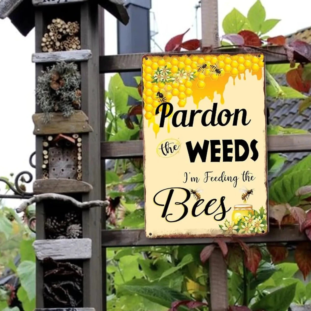 Country Decor Farmhouse Metal Tin Sign Distressed-style Weeds Feeding the Bees Sign