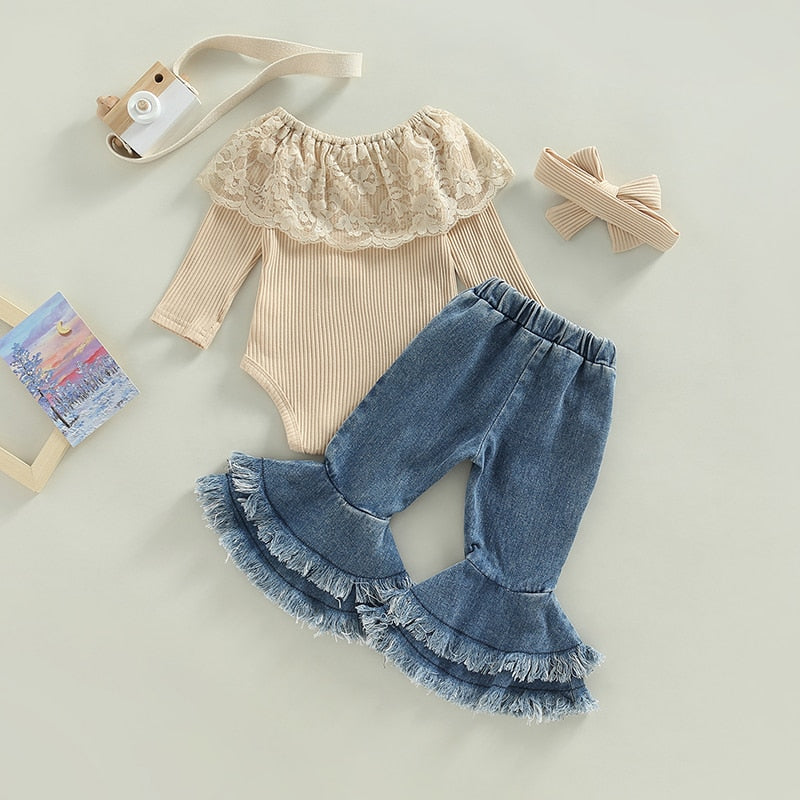 Cream-colored Lace Ruffle Neck, Long-sleeved Top with Denim Bell-bottoms and Matching Headband Outfit Set, Infants, Toddlers NB to 2T
