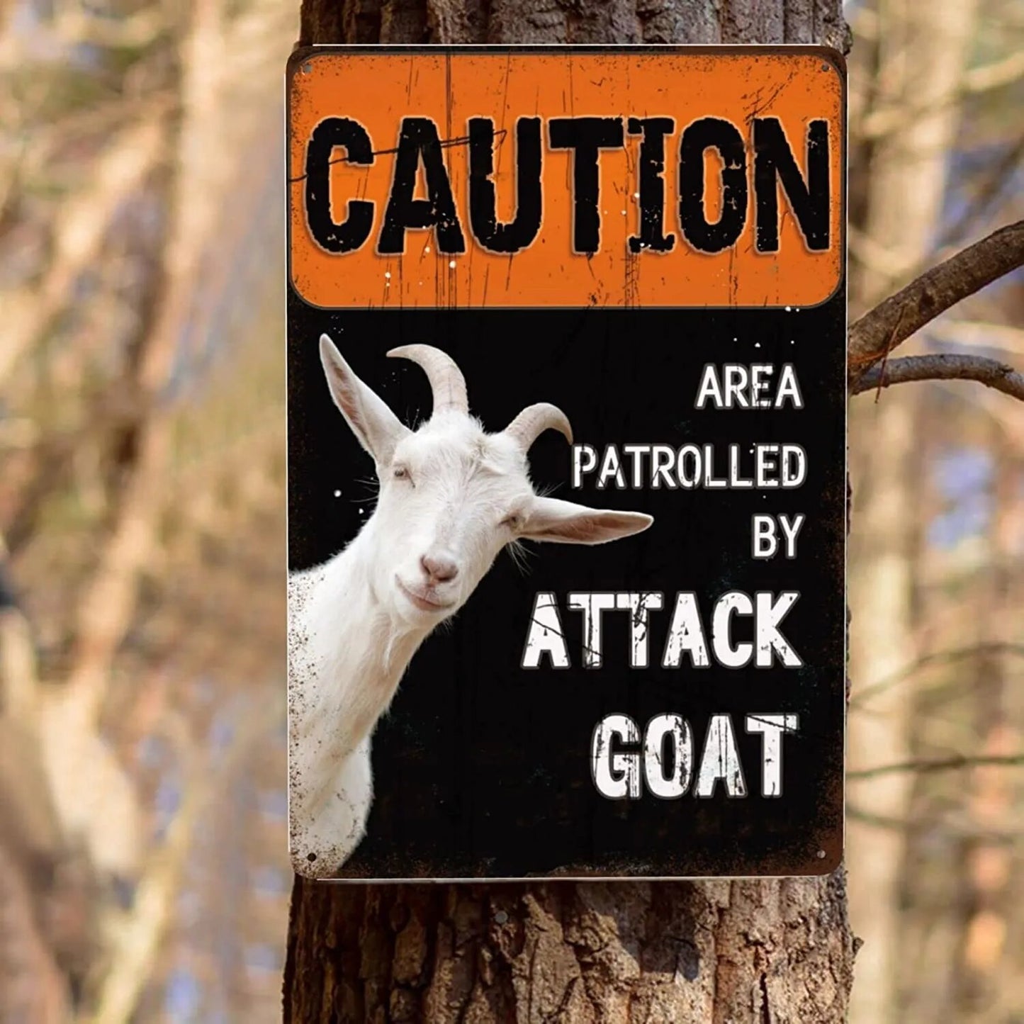 Country Decor Farmhouse Metal Tin Sign Warning Attack Goat