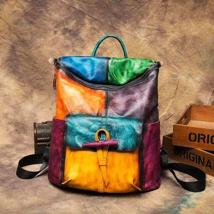 Genuine Leather Colorful Patchwork Backpack, Bookbag