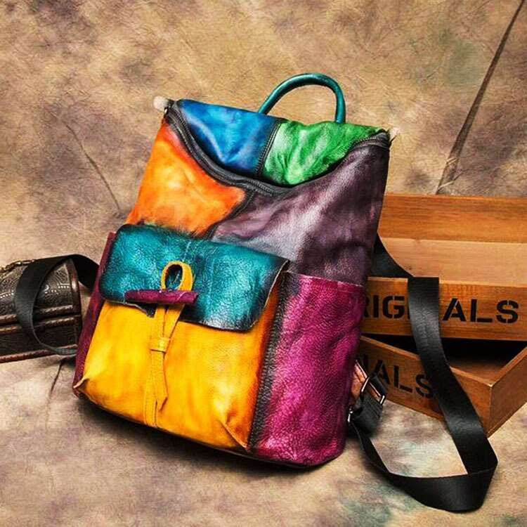 Genuine Leather Colorful Patchwork Backpack, Bookbag