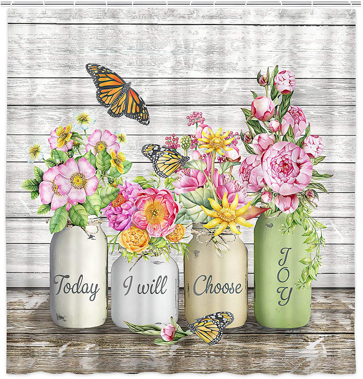 Rustic Image Country Flowers in Jars with Butterflies Shower Curtain with Hooks