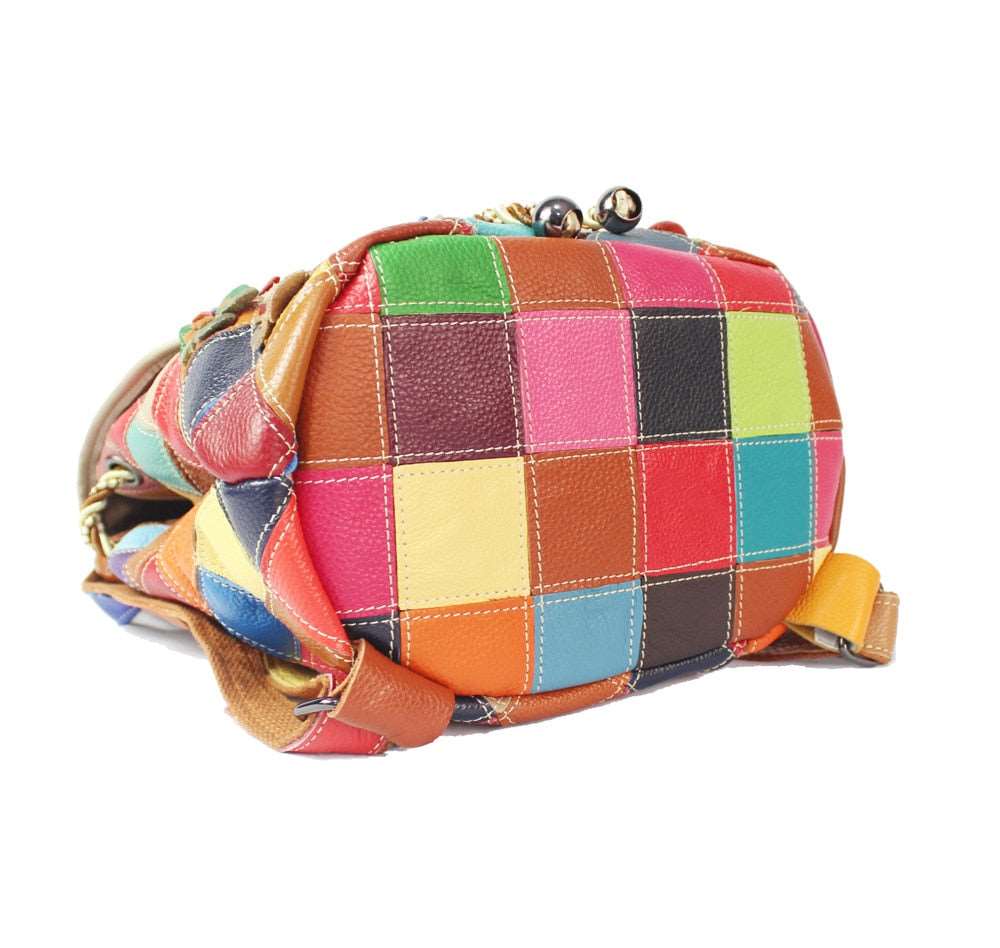Genuine Leather Colorful Patchwork with Flowers Backpack, Bookbag