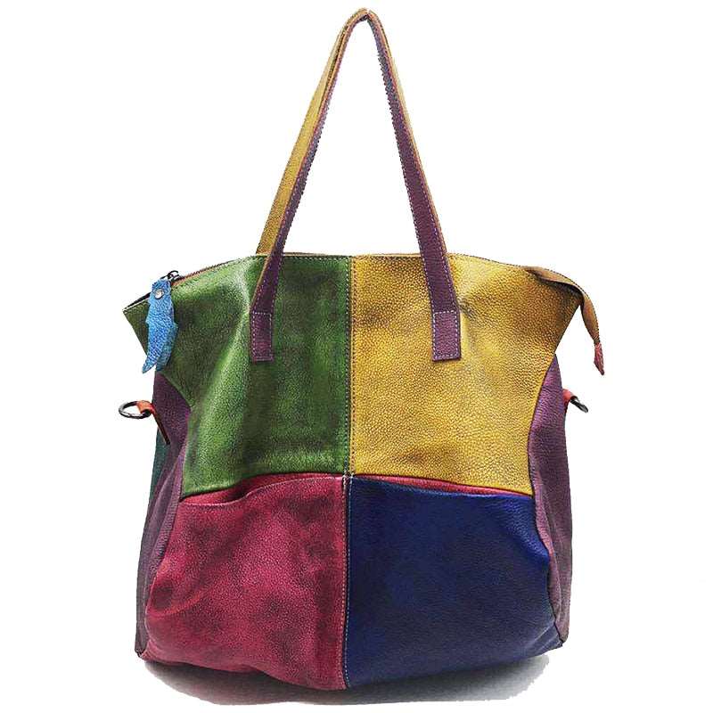 Genuine Leather Colorful Patchwork Slouchy Tote