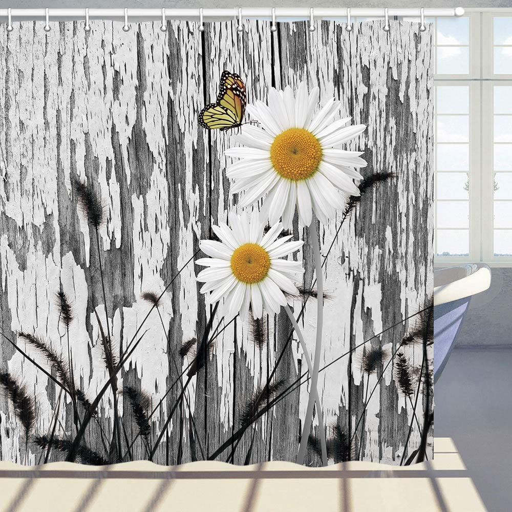 Country Daisies with Butterfly Country Scene Shower Curtain with Hooks