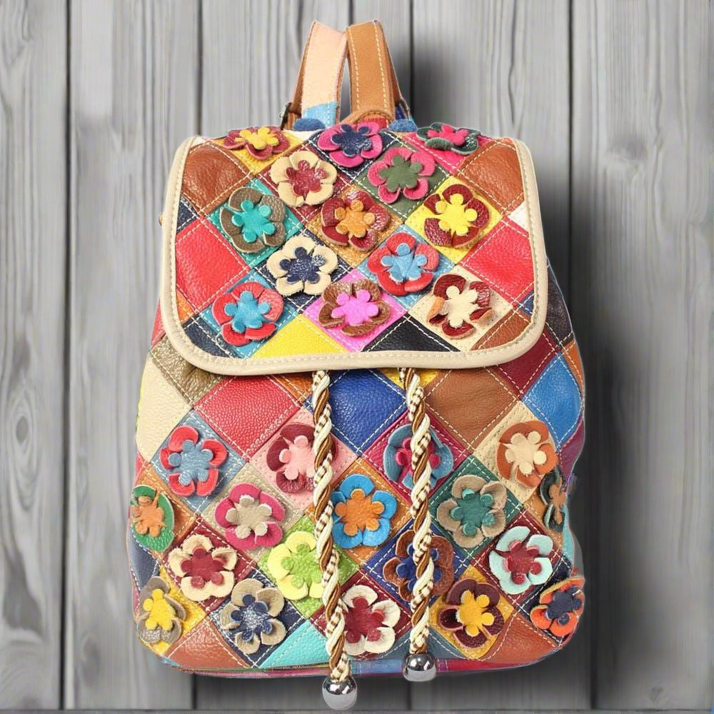 Genuine Leather Colorful Patchwork with Flowers Backpack, Bookbag