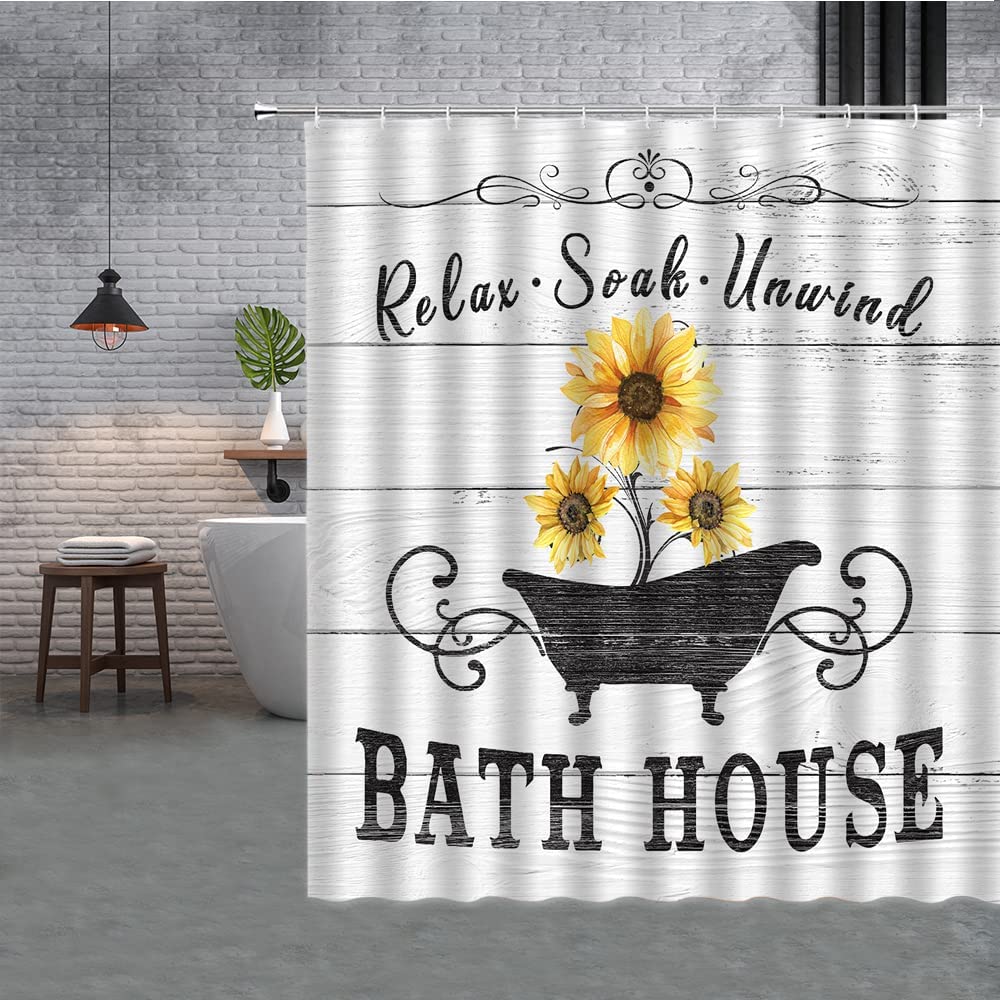 Country Sunflower Bath House Barn Wood Rustic Image Shower Curtain with Hooks