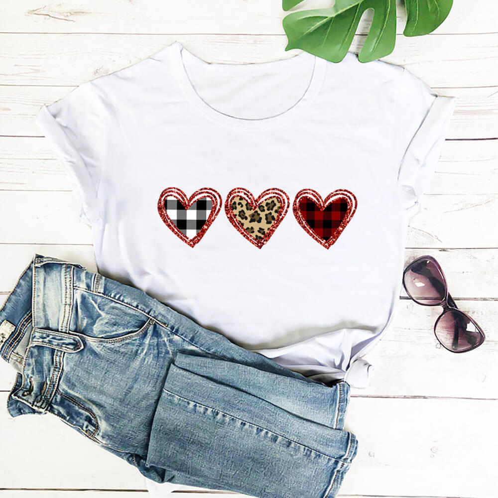Three Country Sweethearts Plaid, Leopard-Spot Print Hearts T-shirt, S to 3XL