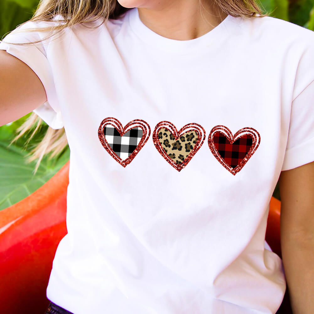 Three Country Sweethearts Plaid, Leopard-Spot Print Hearts T-shirt, S to 3XL