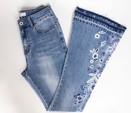 Seventies Chic Embroidered Button-Fly Flare Bell-bottom Stretch Jeans