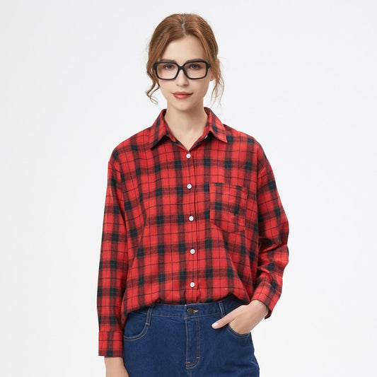 Red and Black Plaid Country-style Shirt w Front Pocket
