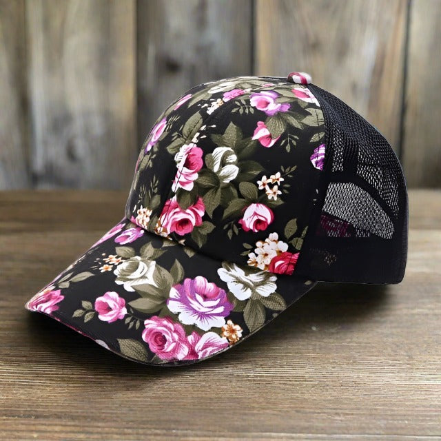 Flowered Baseball Cap, Trucker Hat Country Floral, Mesh Back