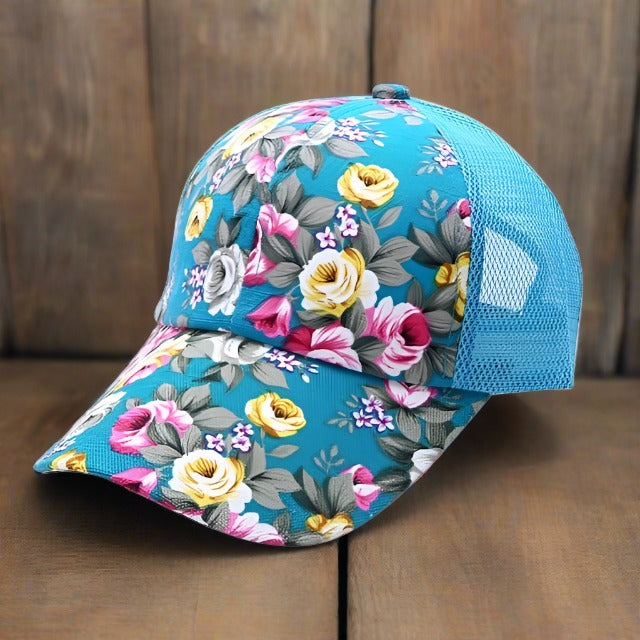 Flowered Baseball Cap, Trucker Hat Country Floral, Mesh Back